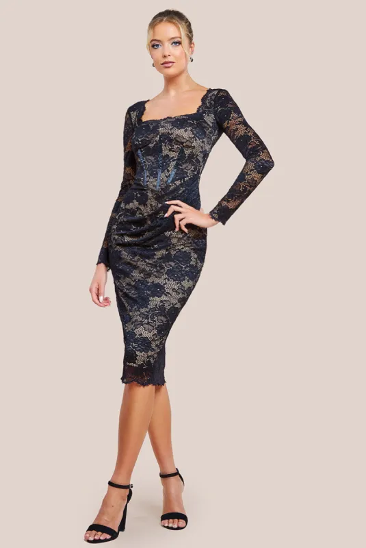 Scalloped Lace Corset Bodice Midi Dress - Black by Goddiva sold by Goddiva