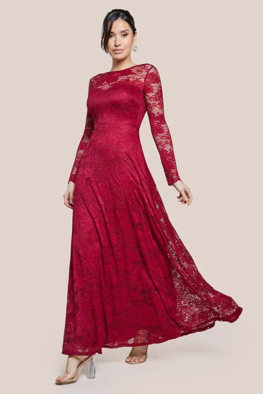 Scalloped Lace A-Line Maxi Dress - Wine by Goddiva sold by Goddiva