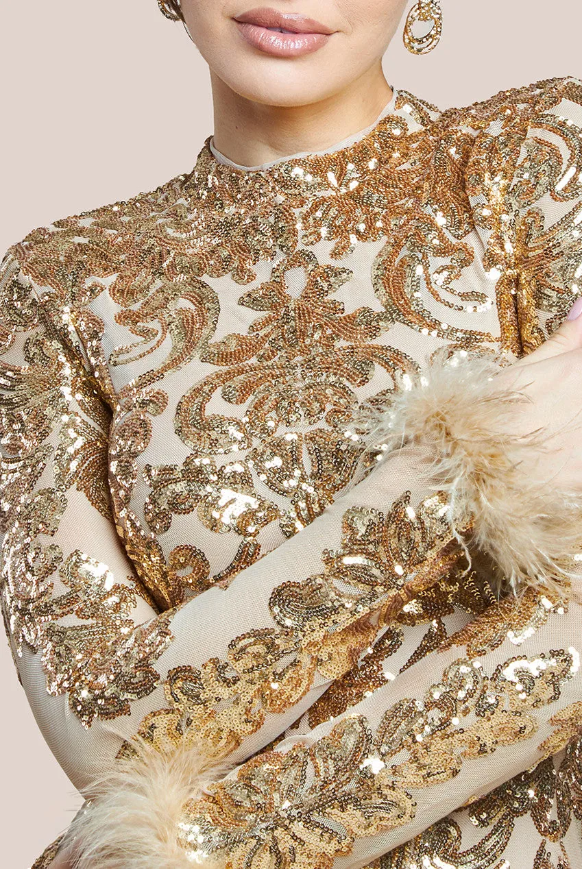 Sequin High Neck Feather Cuff Maxi Dress - Gold by Goddiva sold by Goddiva product image thumbnail 3