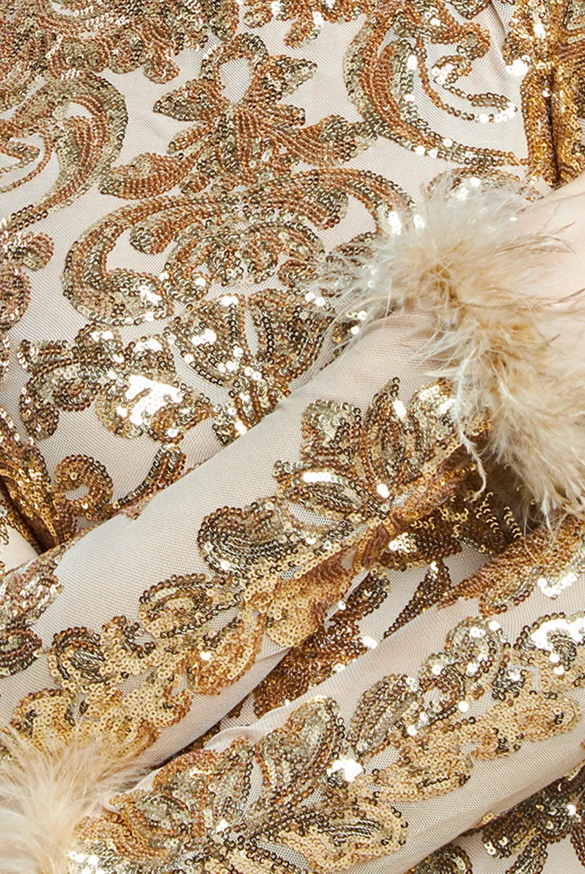 Sequin High Neck Feather Cuff Maxi Dress - Gold by Goddiva sold by Goddiva product image thumbnail 4