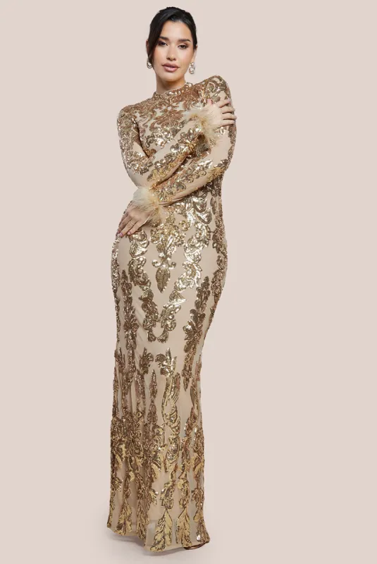 Sequin High Neck Feather Cuff Maxi Dress - Gold by Goddiva sold by Goddiva