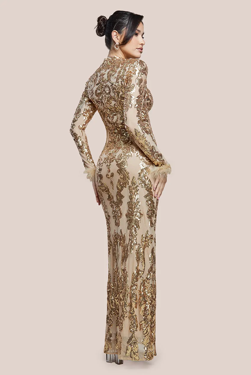 Sequin High Neck Feather Cuff Maxi Dress - Gold by Goddiva sold by Goddiva product image thumbnail 2