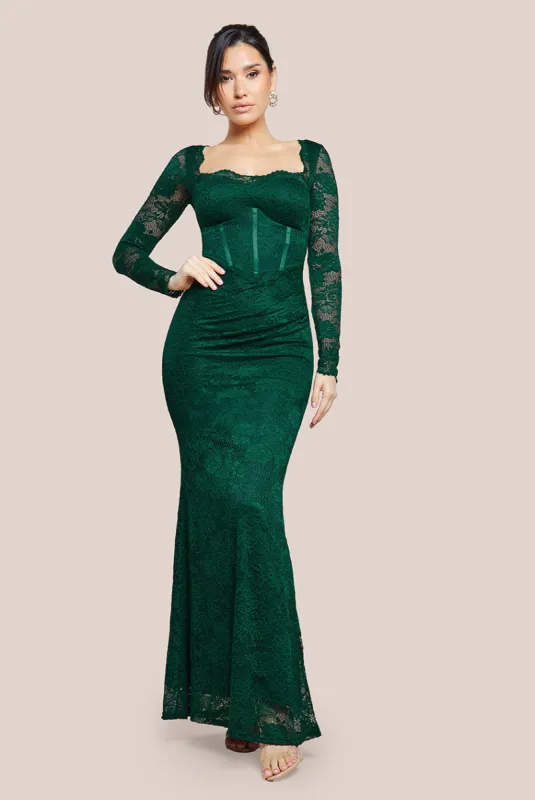 Scalloped Lace Corset Bodice Maxi Dress - Emerald Green by Goddiva sold by Goddiva