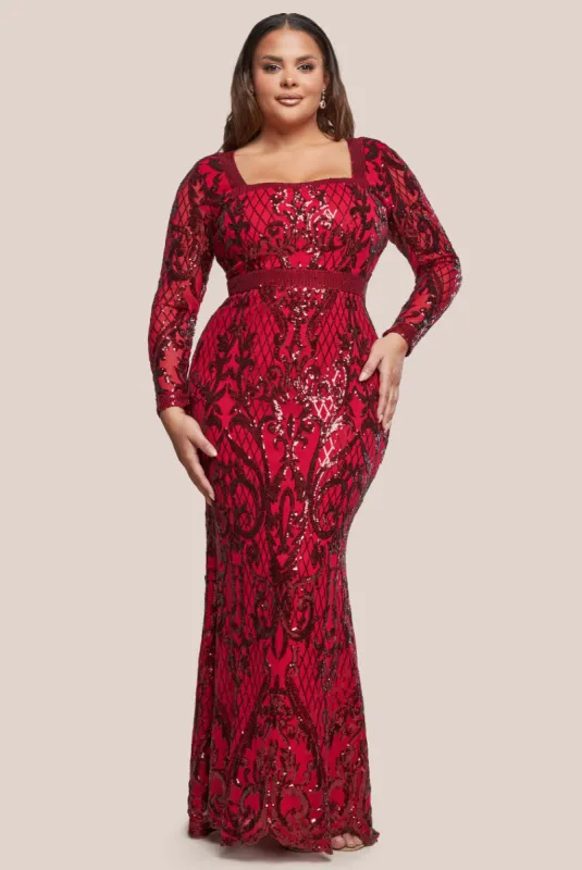 Sequin Square Neck Maxi With Scallop Hem - Red by Goddiva Plus sold by Goddiva