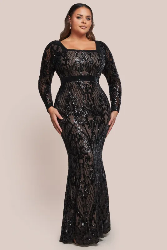 Sequin Square Neck Maxi With Scallop Hem - Black by Goddiva Plus sold by Goddiva