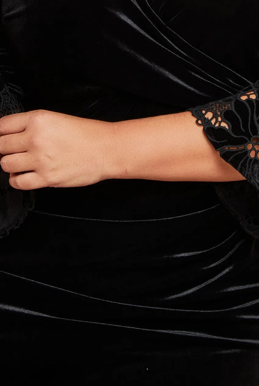 Crochet Velvet Wrap Midi Dress - Black by Goddiva Plus sold by Goddiva product image thumbnail 4