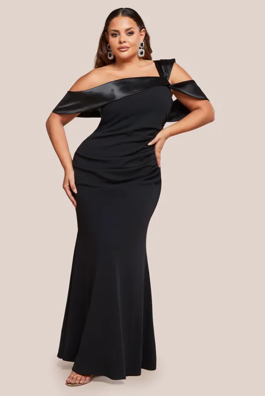 One Shoulder Satin Band Maxi Dress - Black by Goddiva Plus sold by Goddiva