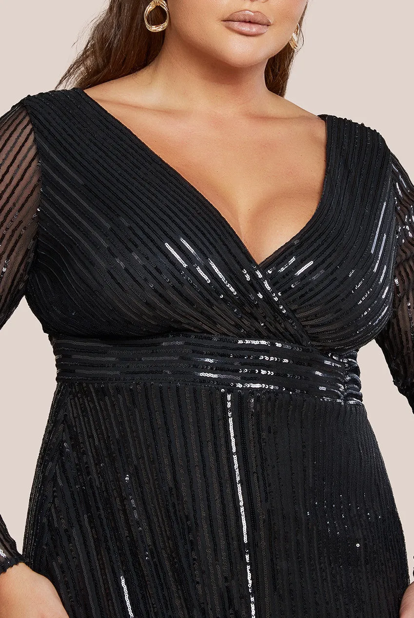 Long Sleeve Sequin V Wrap Maxi Dress - Black by Goddiva Plus sold by Goddiva product image thumbnail 3