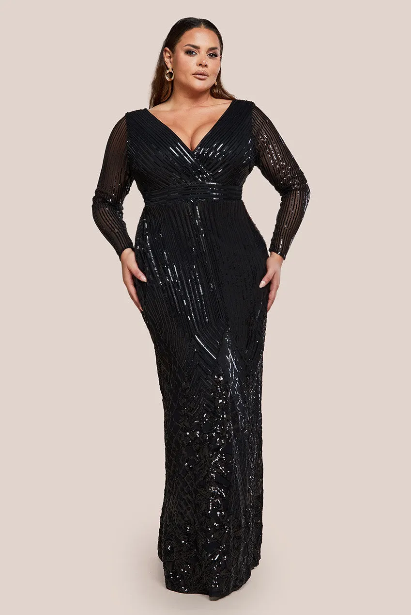 Long Sleeve Sequin V Wrap Maxi Dress - Black by Goddiva Plus sold by Goddiva