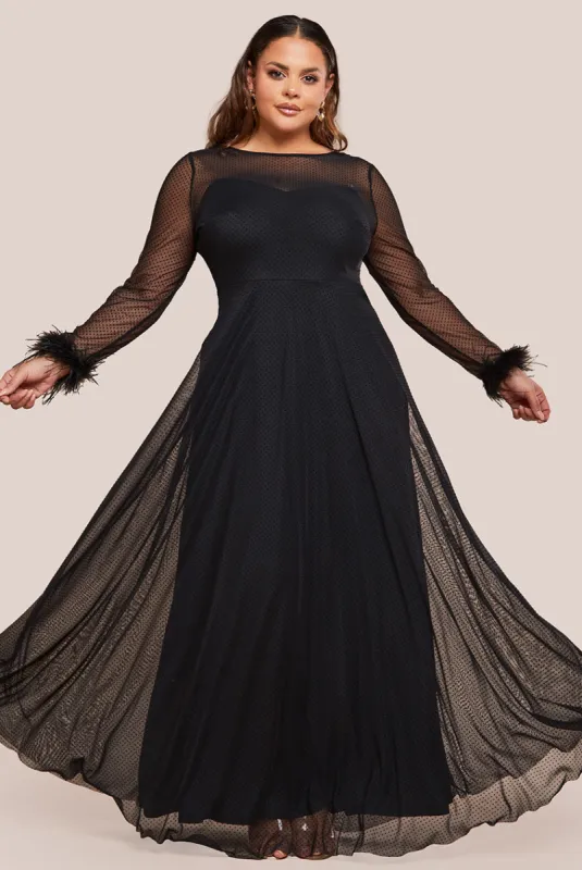 Dobby Mesh Feather Sleeve Hem Maxi Dress - Black by Goddiva Plus sold by Goddiva