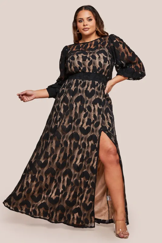 Lace Front Split Long Sleeve Maxi Dress - Black by Goddiva Plus sold by Goddiva