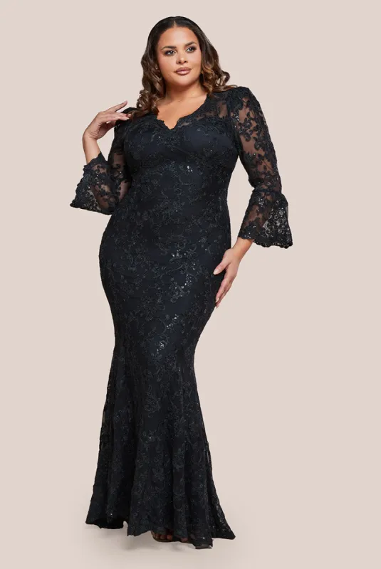Scalloped Lace Maxi Dress - Black by Goddiva Plus sold by Goddiva