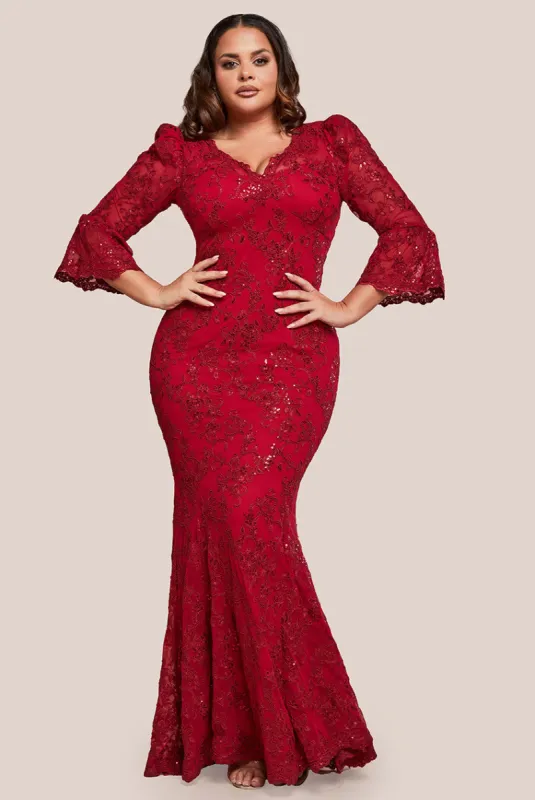 Scalloped Lace Maxi Dress - Red by Goddiva Plus sold by Goddiva