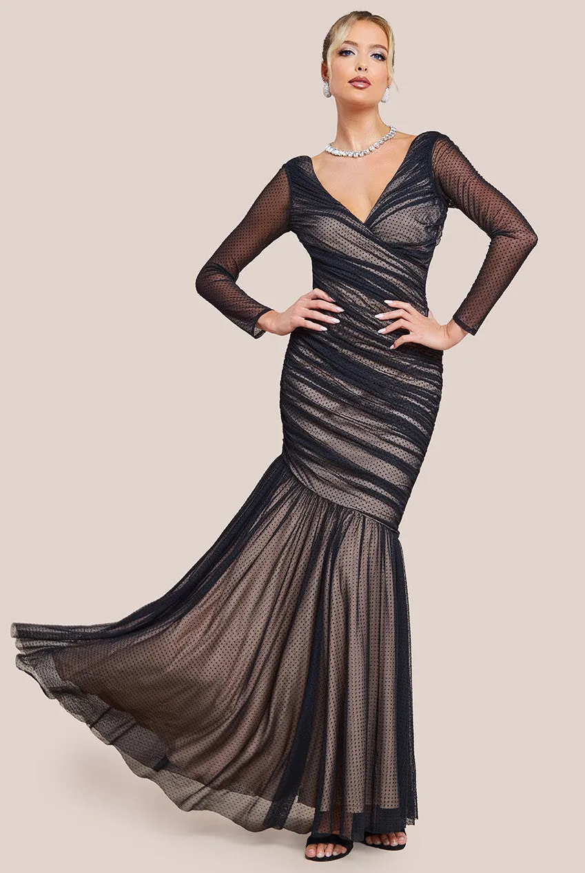 Dobby Mesh Wrap Style Gathered Maxi Dress - Black by Goddiva sold by Goddiva