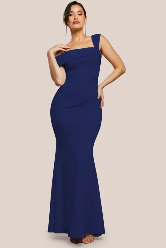 Off The Shoulder Pleated Waist Maxi Dress - Navy by Goddiva sold by Goddiva