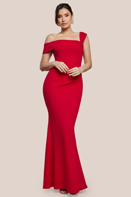 Off The Shoulder Pleated Waist Maxi Dress - Red by Goddiva sold by Goddiva