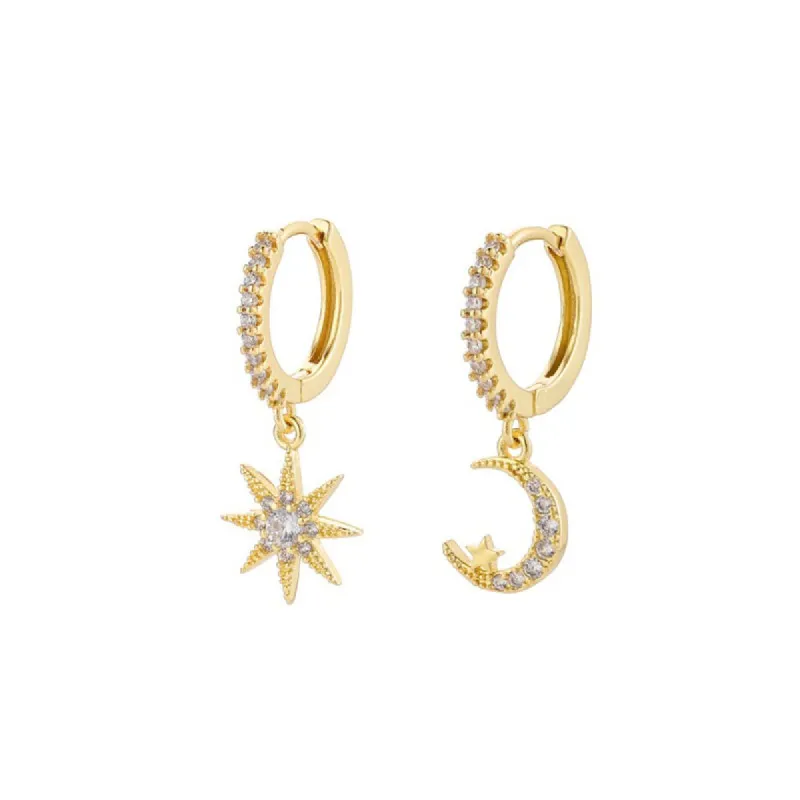 White Cubic Zirconia Star Moon Drop Huggie Earring In Gold by Last True Angel sold by Goddiva