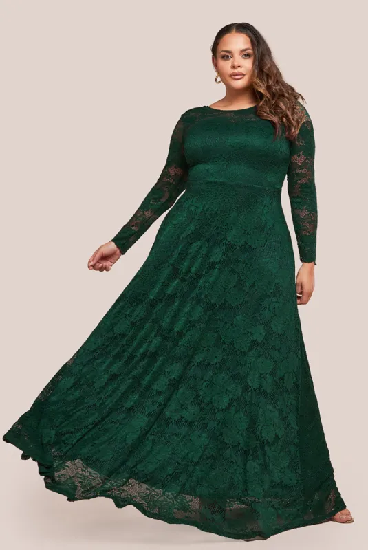 Scalloped Lace A-Line Maxi Dress - Emerald Green by Goddiva Plus sold by Goddiva