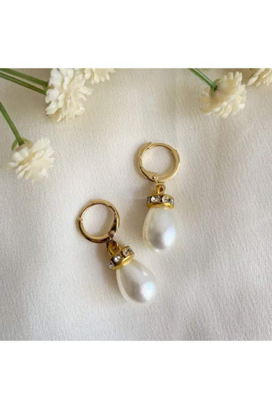 Wisteria London Faux Pearl Teardrop Huggie Hoop Earrings sold by Goddiva