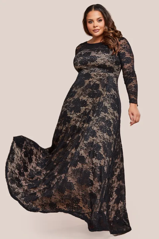 Scalloped Lace A-Line Maxi Dress - Black by Goddiva Plus sold by Goddiva