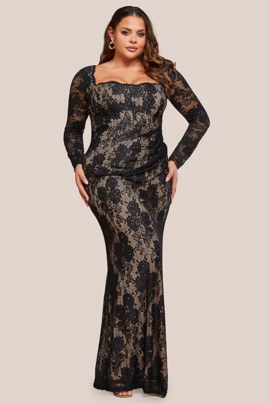 Scalloped Lace Corset Bodice Maxi Dress - Black by Goddiva Plus sold by Goddiva