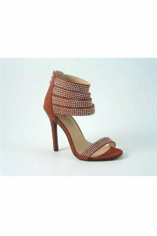 Glitz Shoes Ora Divine Diamante Faux Suede Strap Heeled Sand sold by Goddiva