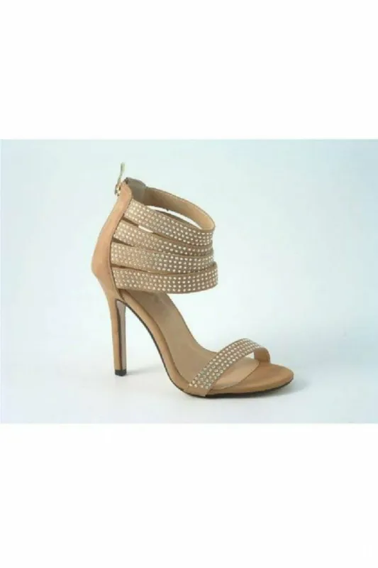 Glitz Shoes Ora Divine Diamante Faux Suede Strap Heeled Sand sold by Goddiva