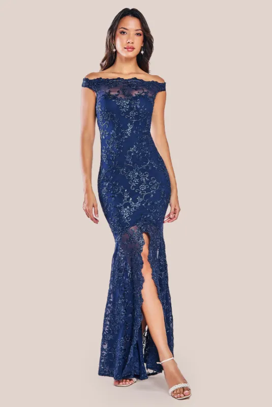 Lace Scallop Edge Mermaid Maxi Dress - Navy by Goddiva sold by Goddiva