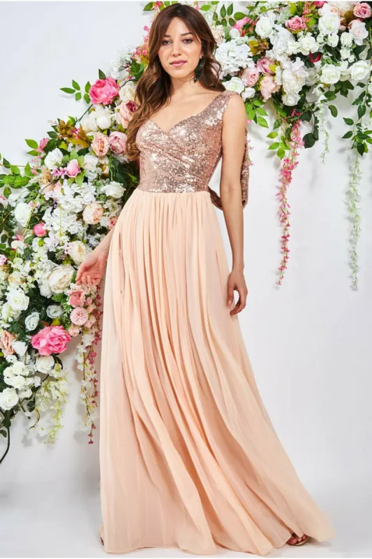 Goddiva Cowl Back Sequin & Chiffon Maxi Dress - Champagne sold by Goddiva