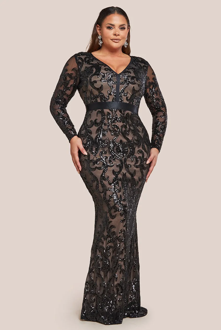Embroidered Sequin & Mesh Maxi Dress - Black by Goddiva Plus sold by Goddiva