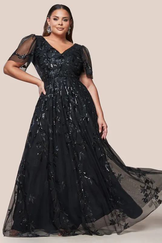 Flared Sleeve Embroidered Maxi Dress - Black by Goddiva Plus sold by Goddiva