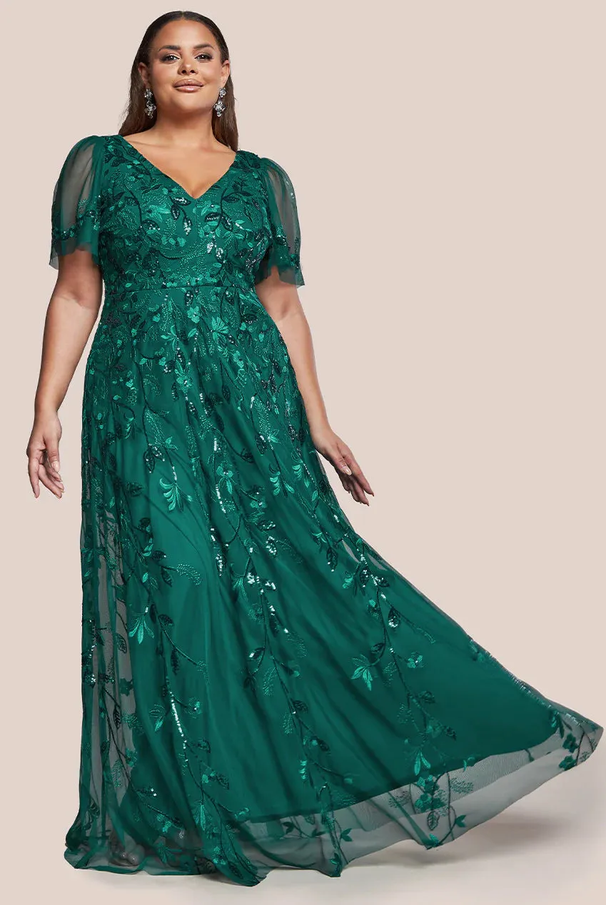 Flared Sleeve Embroidered Maxi Dress - Emerald by Goddiva Plus sold by Goddiva
