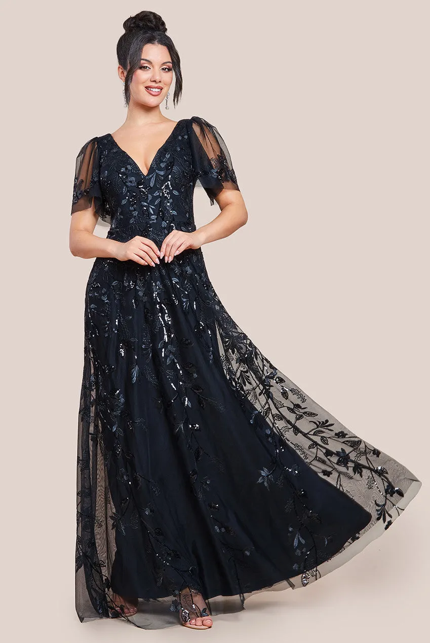 Flared Sleeve Embroidered Maxi Dress - Black by Goddiva sold by Goddiva