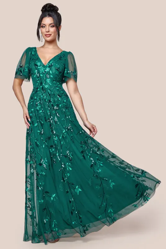 Flared Sleeve Embroidered Maxi Dress - Emerald Green by Goddiva sold by Goddiva