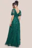 Flared Sleeve Embroidered Maxi Dress - Emerald Green by Goddiva sold by Goddiva