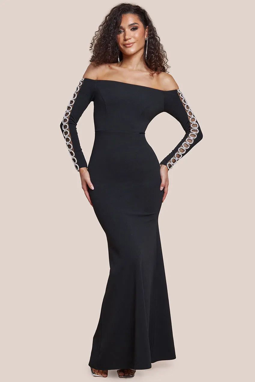 Embellished Diamante Sleeve Bardot Maxi Dress - Black by Goddiva sold by Goddiva