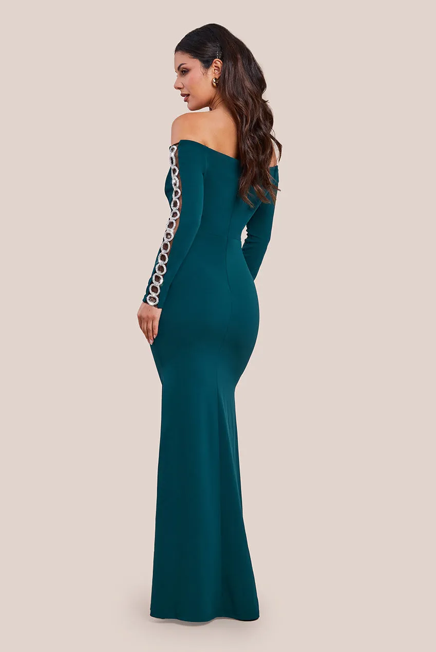 Embellished Diamante Sleeve Bardot Maxi Dress - Emerald Green by Goddiva sold by Goddiva product image thumbnail 2