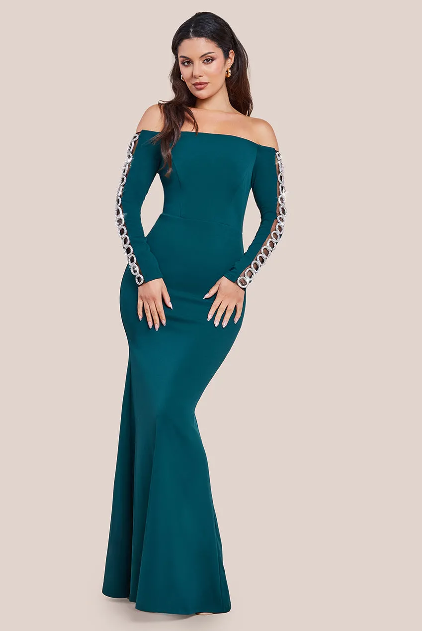 Embellished Diamante Sleeve Bardot Maxi Dress - Emerald Green by Goddiva sold by Goddiva