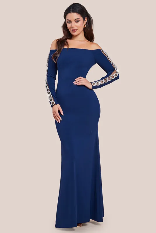 Embellished Diamante Sleeve Bardot Maxi Dress - Navy by Goddiva sold by Goddiva