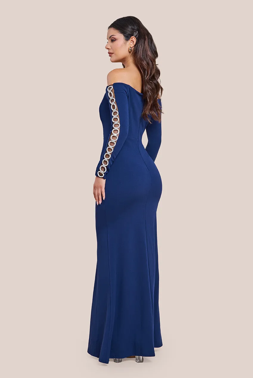 Embellished Diamante Sleeve Bardot Maxi Dress - Navy by Goddiva sold by Goddiva product image thumbnail 2