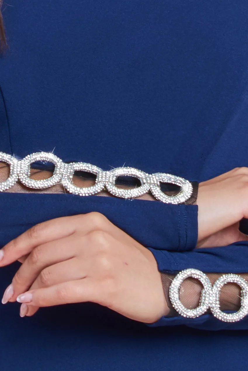 Embellished Diamante Sleeve Bardot Maxi Dress - Navy by Goddiva sold by Goddiva product image thumbnail 4