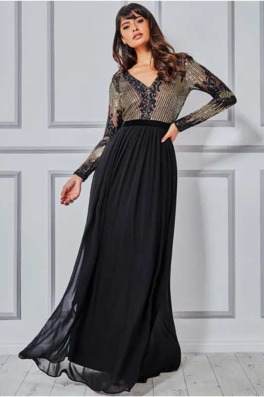 Sequin Mesh Bodice Maxi Dress - Black by Goddiva sold by Goddiva