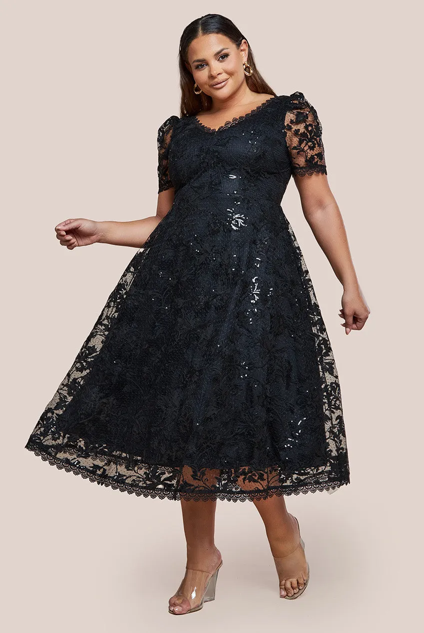 Sequin Lace Short Sleeve A-Line Midi Dress - Black by Goddiva Plus sold by Goddiva