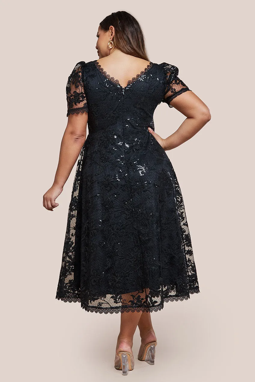 Sequin Lace Short Sleeve A-Line Midi Dress - Black by Goddiva Plus sold by Goddiva product image thumbnail 2