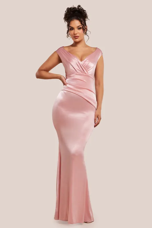 Satin Off The Shoulder Maxi Dress - Pink by Goddiva sold by Goddiva
