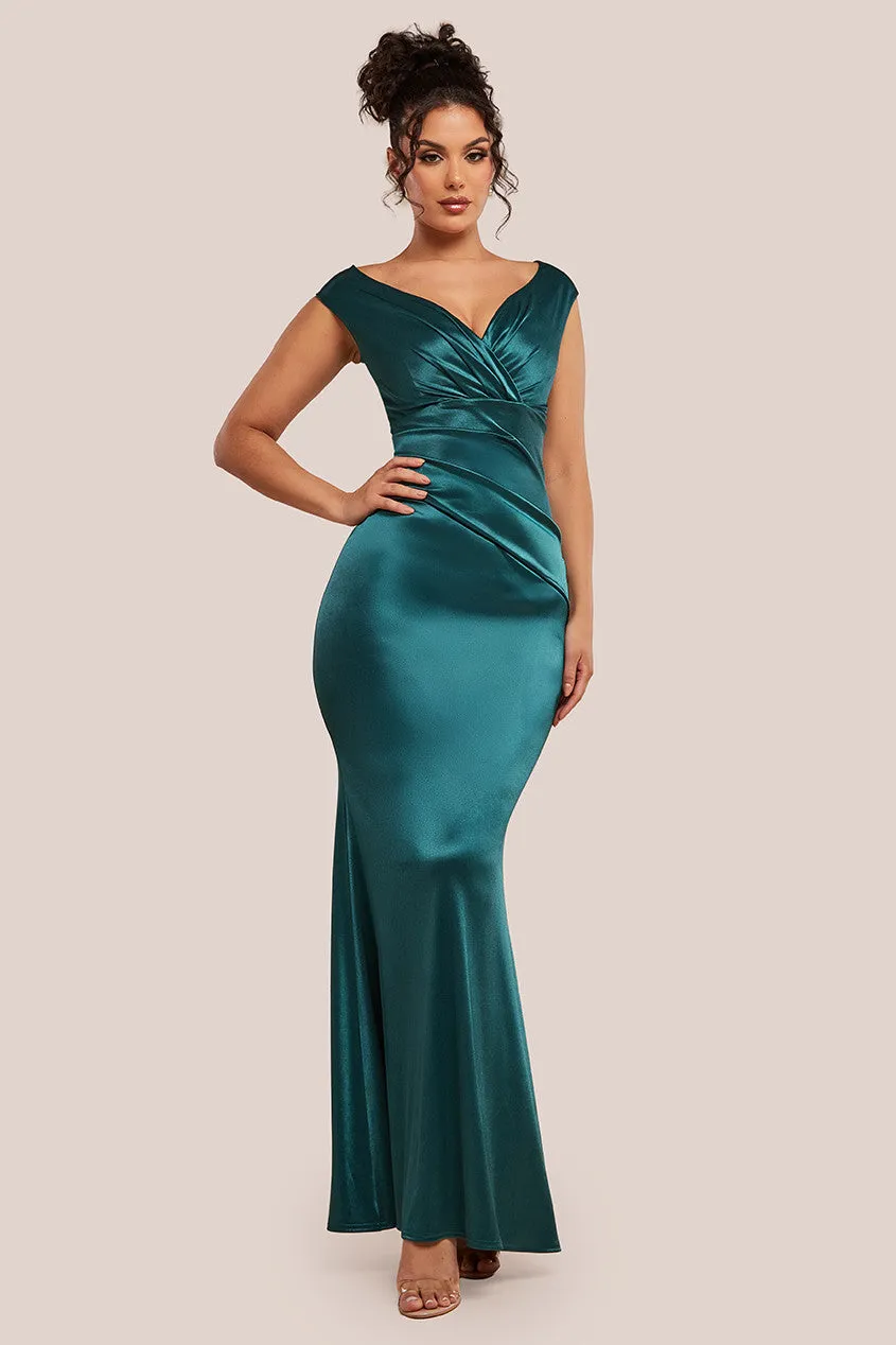 Satin Off The Shoulder Maxi Dress - Emerald Green by Goddiva sold by Goddiva