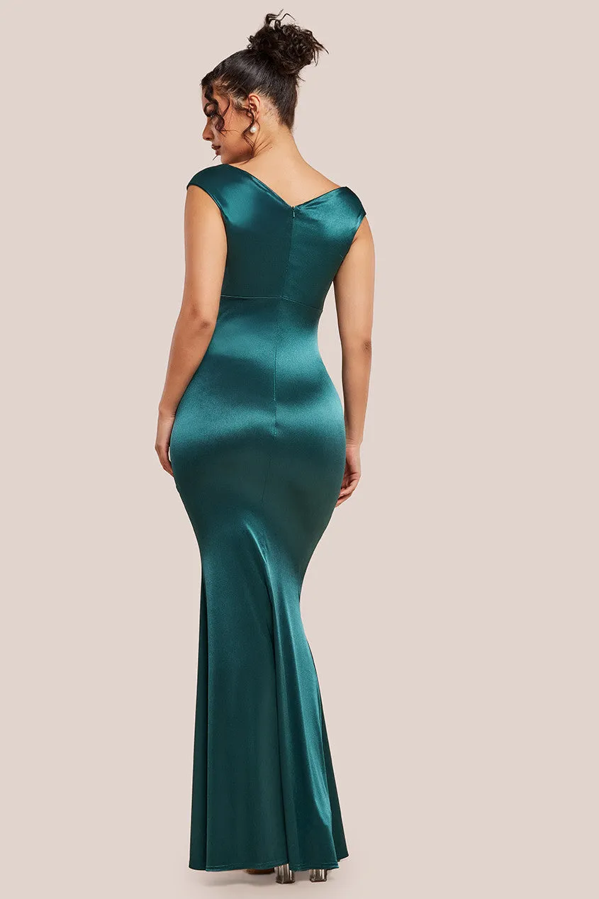 Satin Off The Shoulder Maxi Dress - Emerald Green by Goddiva sold by Goddiva product image thumbnail 2