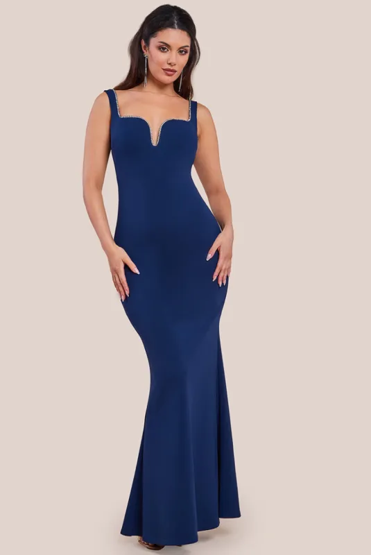 Embellished Diamante Trim Square Neck Scuba Maxi Dress - Navy by Goddiva sold by Goddiva