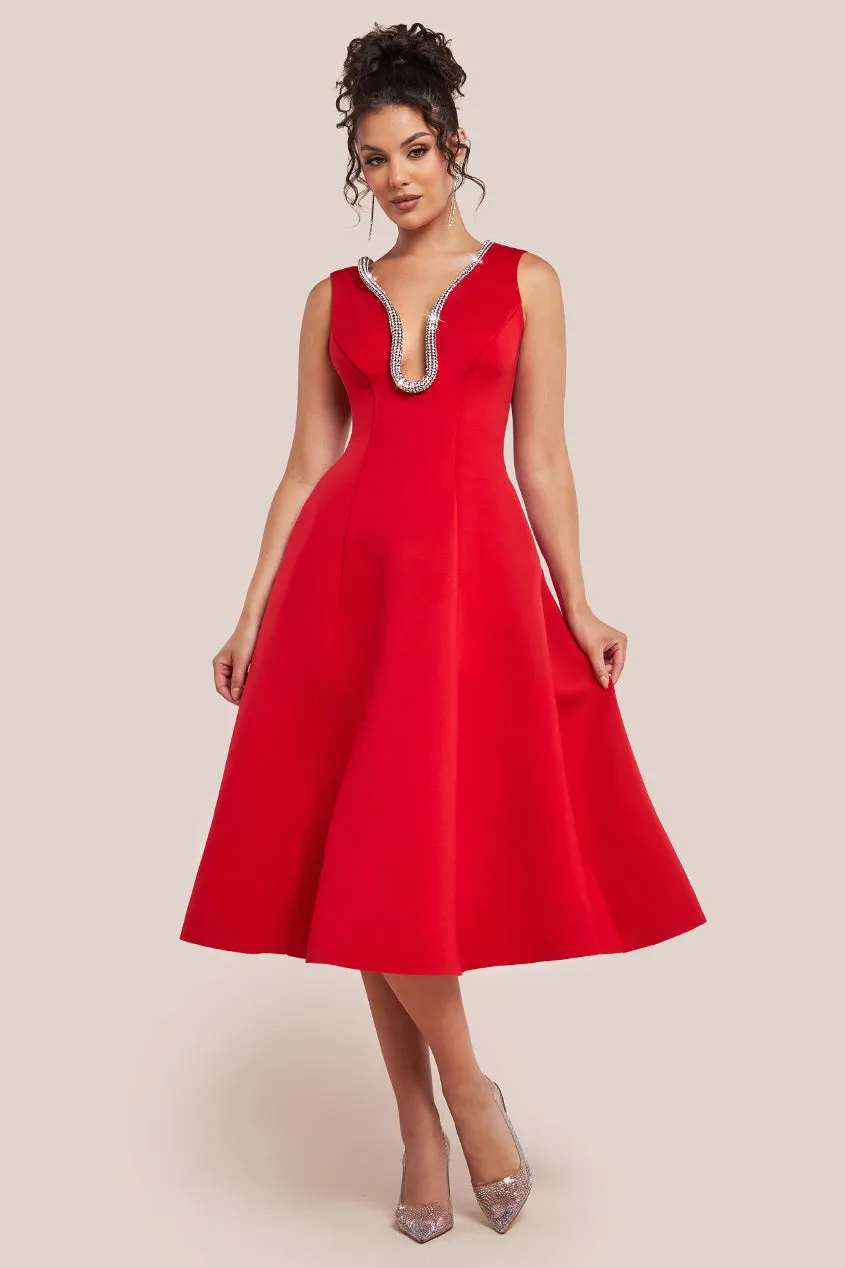 Diamante Embellished Neck A-Line Midi Dress - Red by Goddiva sold by Goddiva