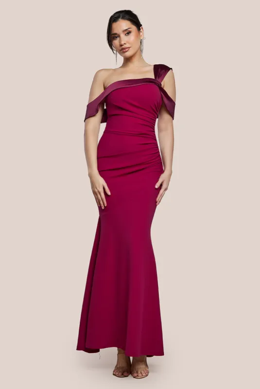 One Shoulder Satin Band Maxi Dress - Burgundy by Goddiva sold by Goddiva